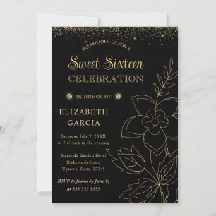 Elegant svart och guld botanisk Sweet Sixteen Inbjudningar
