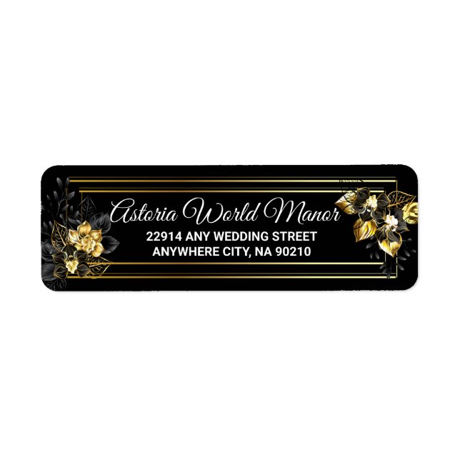 Elegant svart och guld bröllops returadress etikett (Framsidan)
