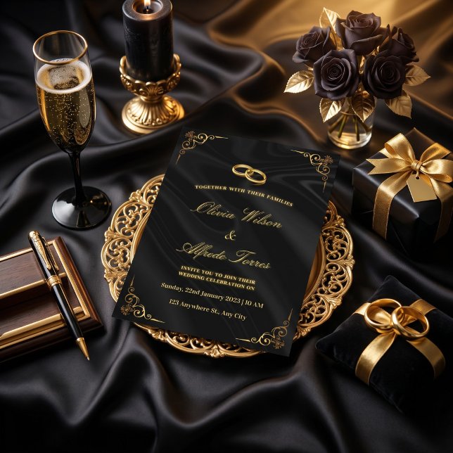 Elegant svart och guld bröllopsinbjudan inbjudningar (Skapare uppladdad)