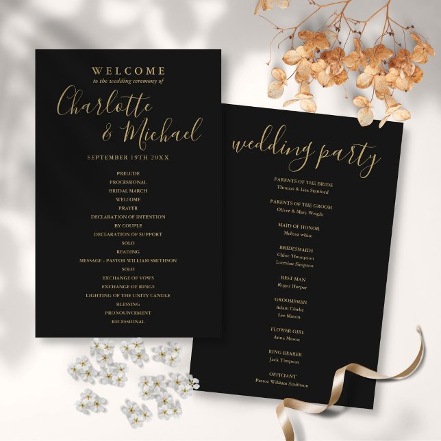 Elegant, svart och Guld, Bröllopsprogram (Elegant Black And Gold Script Wedding Program)
