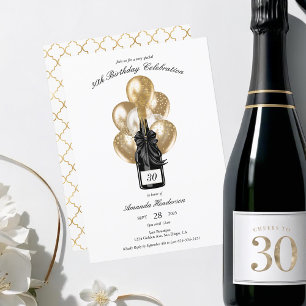Elegant Svart och Guld Champagne Födelsedag Inbjudningar