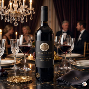 Elegant svart och guld Crest anpassad event Vinflaska Etikett