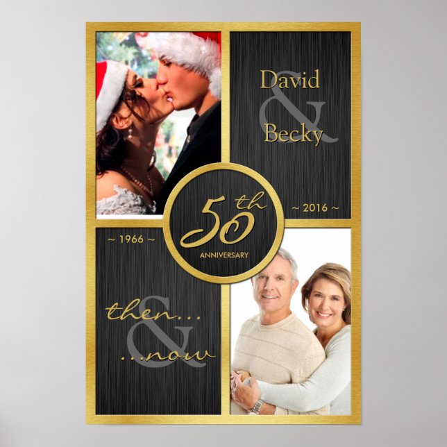 Elegant svart och guld då och nu 50-årsjubileum poster (Framsidan)