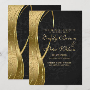 Elegant svart och guld Damask bröllop Inbjudningar