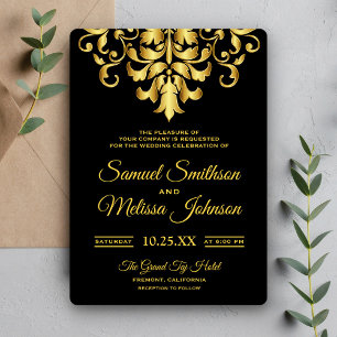 Elegant svart och guld Damask bröllopsinbjudan Inbjudningar