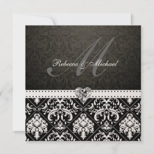 Elegant svart och guld damast med monogram inbjudningar