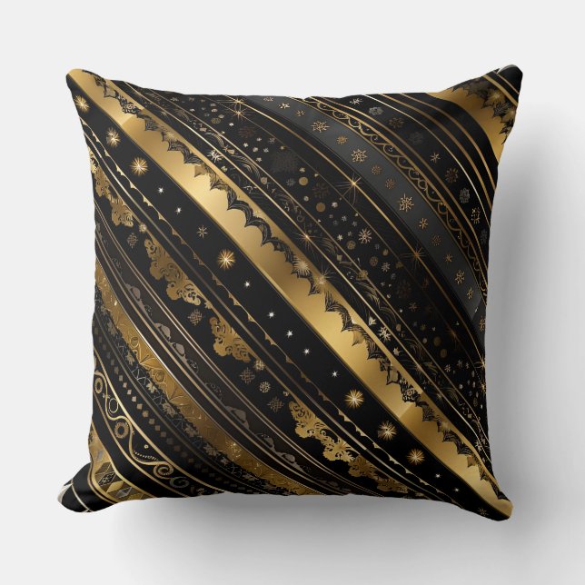 Elegant svart och Guld diagonalt strimlad Kudde (Framsida)