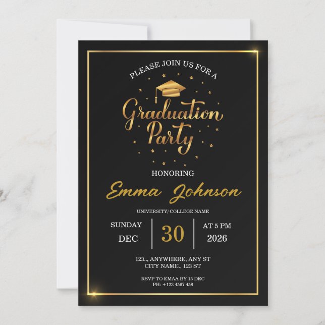 Elegant svart och guld examensfest inbjudan (Framsida)