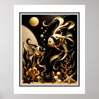 Elegant svart och guld fantasi Guld fisk Ocean kon Poster