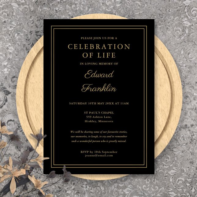 Elegant svart och guld firande av livets slutskede inbjudningar (Elegant Black And Gold Celebration Of Life Funeral Invitation)
