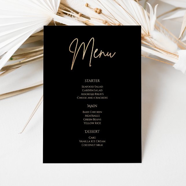 Elegant svart och guld födelsedagsfest menykort inbjudningar (Elegant Black and Gold Birthday Party Menu Card)