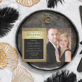 Elegant Svart och Guld Foto Bröllop Inbjudningar
