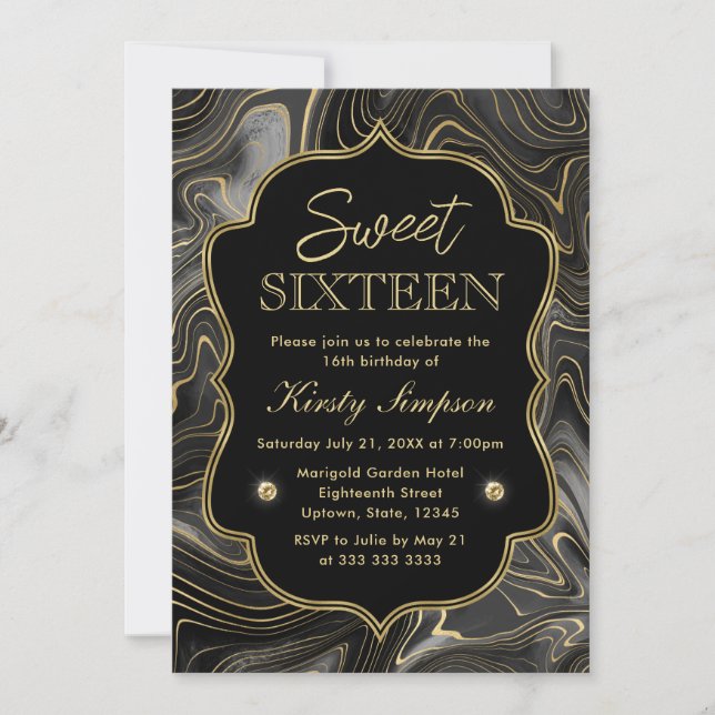 Elegant svart och guld Geode Strata Sweet 16 Inbjudningar (Framsida)