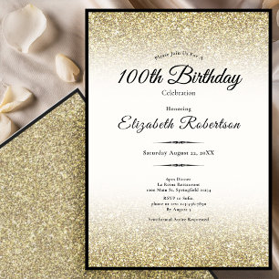 Elegant svart och guld glitter 100-årsfirande inbjudningar