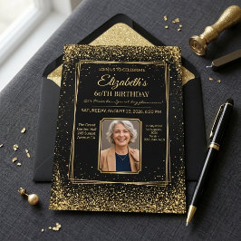 Elegant svart och guld glitter 60-års födelsedagsi inbjudningar
