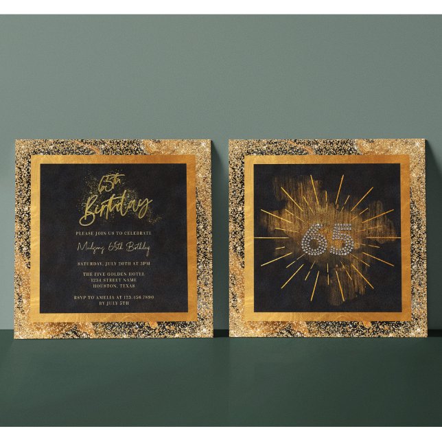 Elegant svart och guld glitter 65-års födelsedagsf inbjudningar (Skapare uppladdad)
