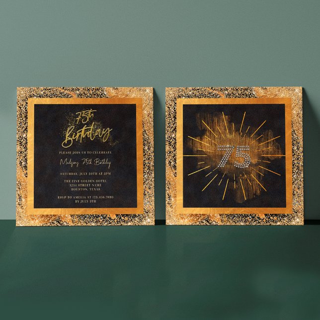 Elegant svart och guld glitter 75-års födelsedagsf inbjudningar (Front / Back)