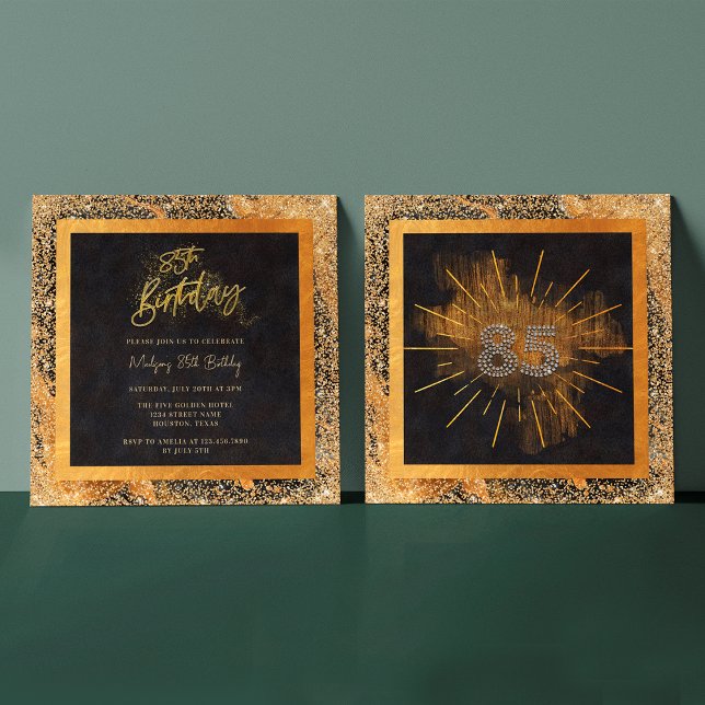 Elegant svart och guld glitter 85-års födelsedagsf inbjudningar (Front / Back)