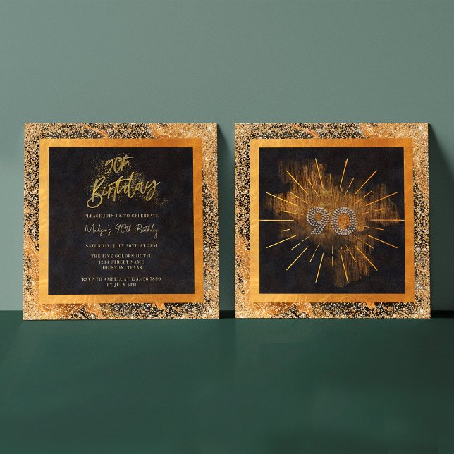 Elegant svart och guld glitter 90-års födelsedagsf inbjudningar (Front / Back)