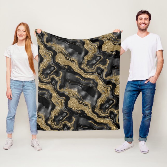 Elegant svart och guld glitter agat mönster fleecefilt (På plats)