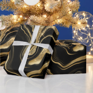 Elegant svart och guld glitter Agate födelsedag Presentpapper