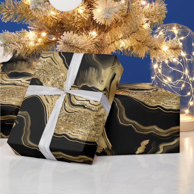 Elegant svart och guld glitter Agate födelsedag Presentpapper (Helgdagar)