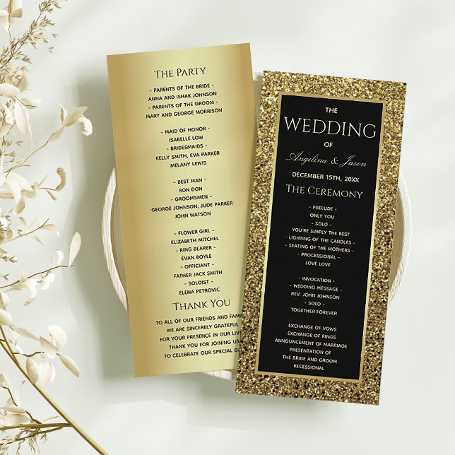 Elegant svart och guld glitter bröllopsceremoni program (Skapare uppladdad)