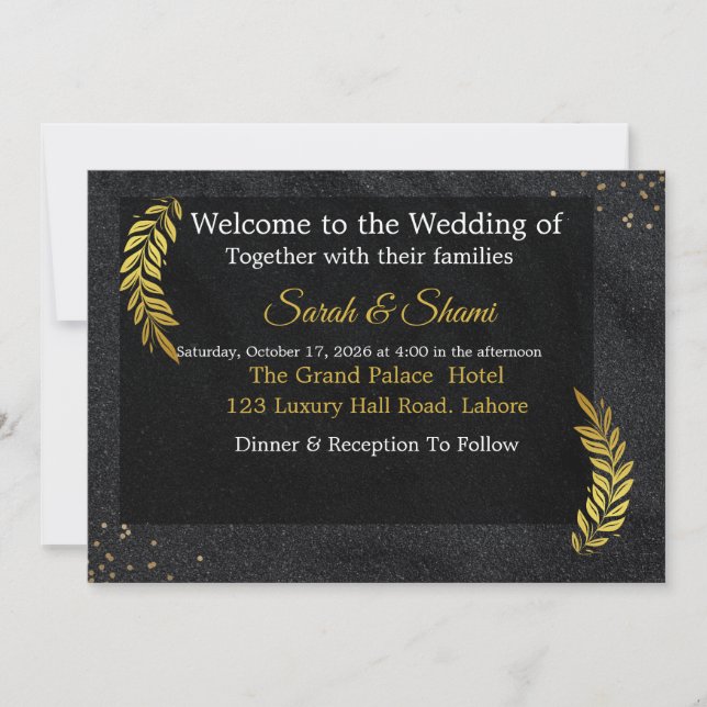 Elegant svart och guld glitter bröllopsinbjudan inbjudningar (Framsida)