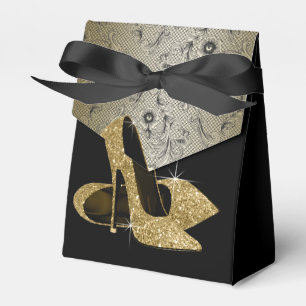 Elegant svart och guld glitter högklackad sko presentaskar