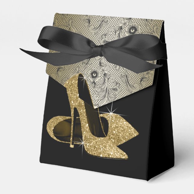 Elegant svart och guld glitter högklackad sko presentaskar (Framsidan Sidan)