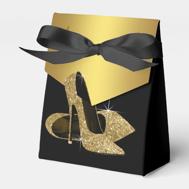 Elegant svart och guld glitter högklackad sko presentaskar (Framsidan Sidan)