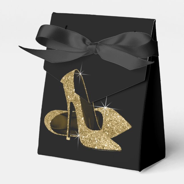 Elegant svart och guld glitter högklackad sko presentaskar (Framsidan Sidan)