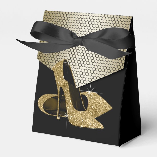 Elegant svart och guld glitter högklackad sko presentaskar (Framsidan Sidan)