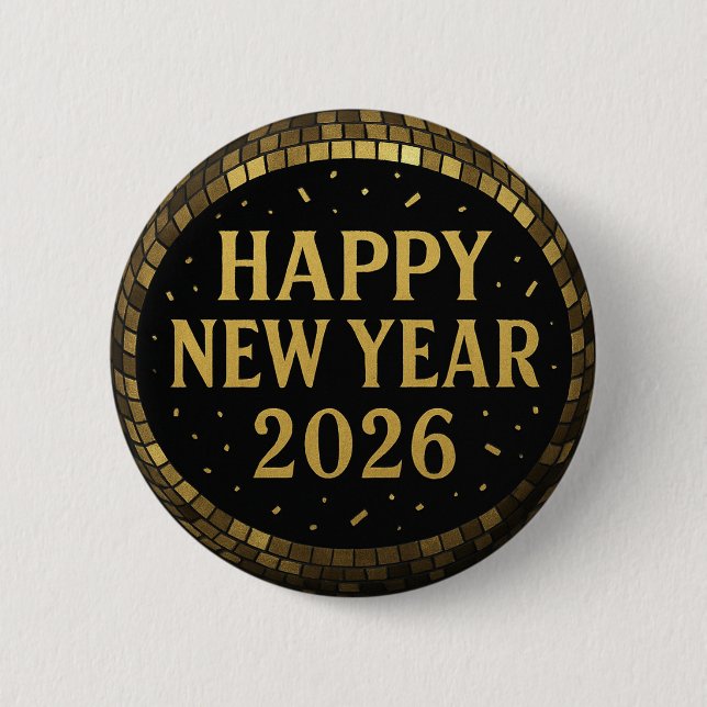 Elegant Svart och guld Gott Nytt År 2026 Knapp (Framsida)