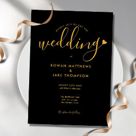 Elegant svart och guld hjärtskrift bröllop inbjudningar