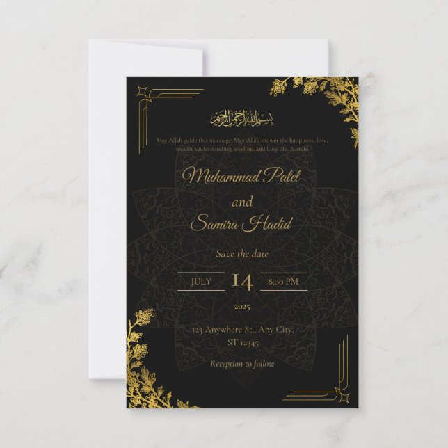 Elegant svart och guld islamisk bröllopsinbjudan tack kort (Framsida)