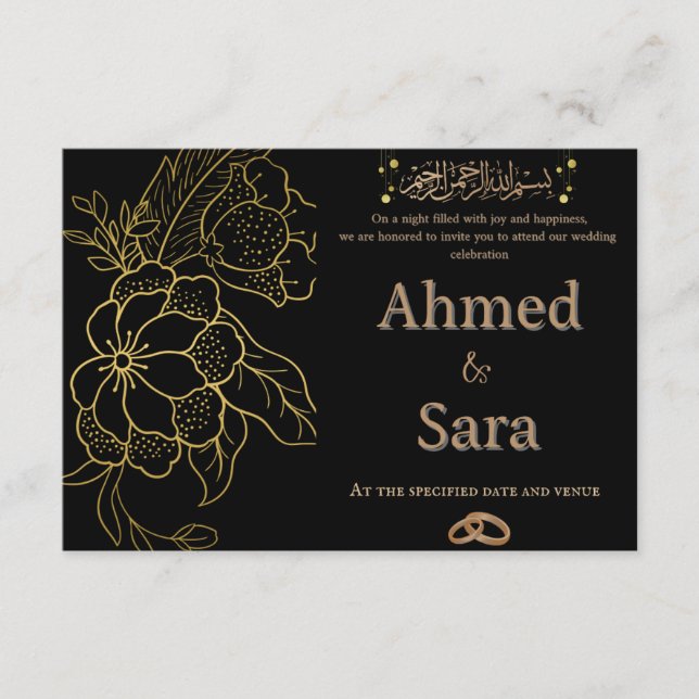 Elegant svart och guld islamisk bröllopsinbjudan  tilläggskort (Framsida)