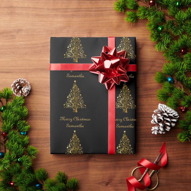Elegant svart och guld julgran  presentpapper (Julgåva)