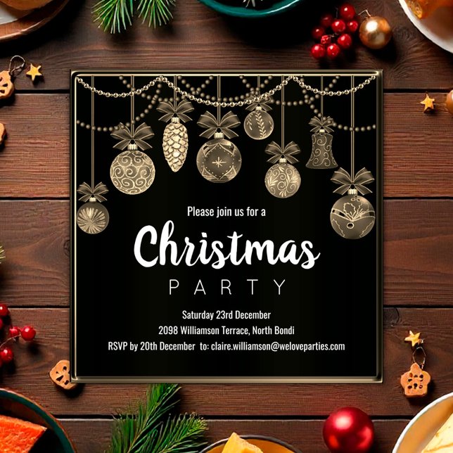 Elegant svart och guld julinbjudan  inbjudningar (Elegant Black and Gold Christmas Party Invitation by the Olde Christmas Shoppe)