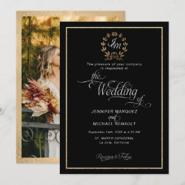 Elegant svart och guld krans monogram foto bröllop inbjudningar