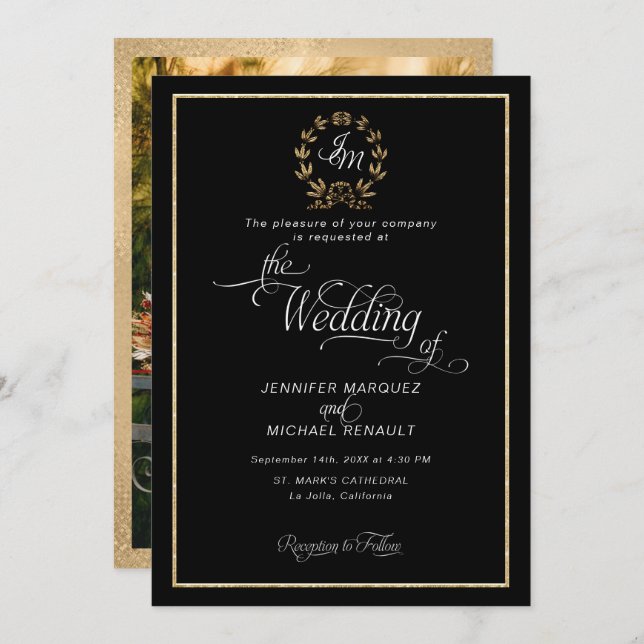 Elegant svart och guld kransmonogram Foto Bröllop Inbjudningar (Fram/baksida)