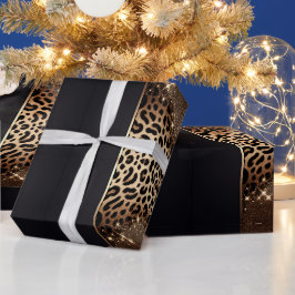 Elegant Svart och Guld Leopard Glitter Presentpapper