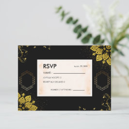 Elegant svart och guld Mandala bröllops-RSVP-kort OSA Kort