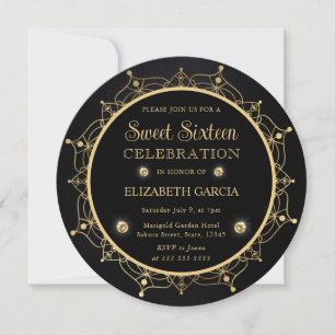 Elegant svart och guld Mandala Sweet Sixteen Inbjudningar