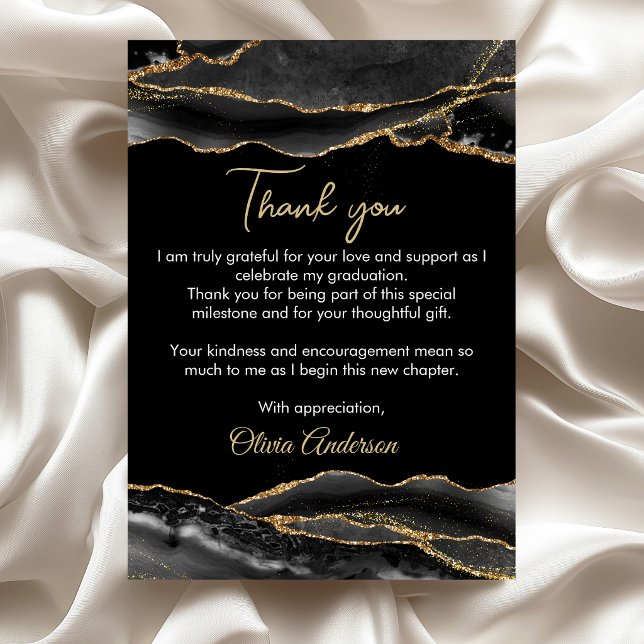 Elegant svart och guld marmor Examen Tack Kort (Elegant black and gold marble graduation party thank you card)