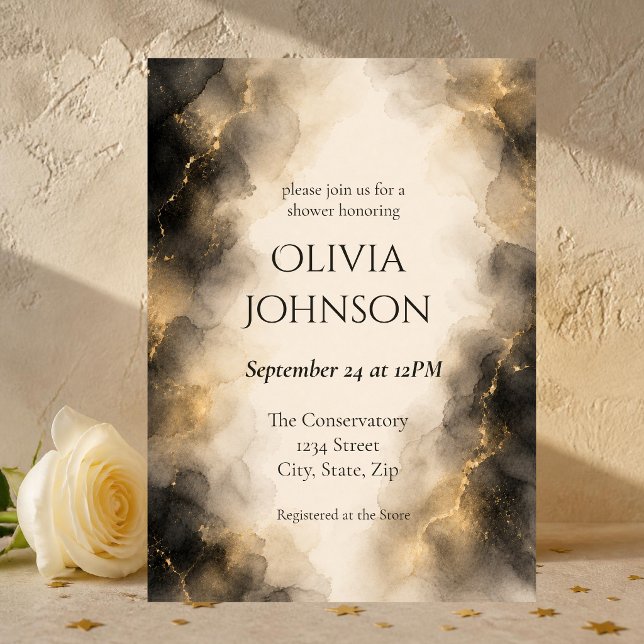Elegant svart och guld modern bröllopsdusch inbjudningar (Chic black and gold bridal shower invitation with elegant abstract watercolor and champagne accents.)