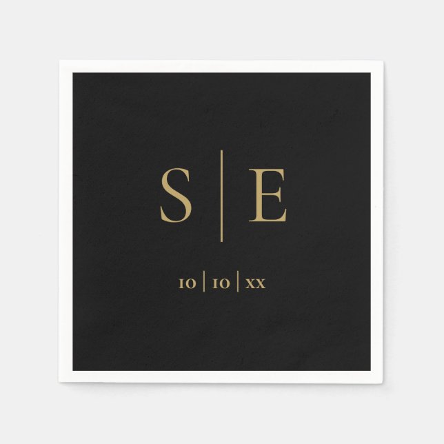 Elegant svart och guld monogram datum minimalistis pappersservett (Framsidan)