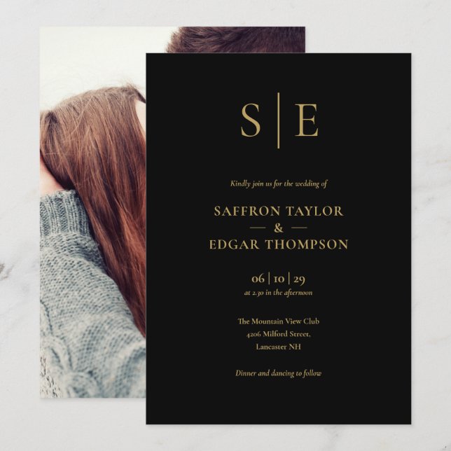 Elegant svart och guld monogram foto bröllop inbjudningar (Fram/baksida)