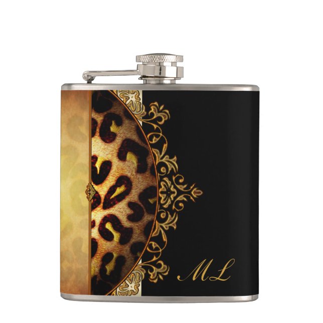 Elegant svart och guld monogram leopard fickplunta (Framsidan)