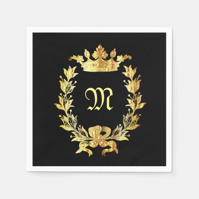 Elegant svart och guld monogram pappersservett (Framsidan)